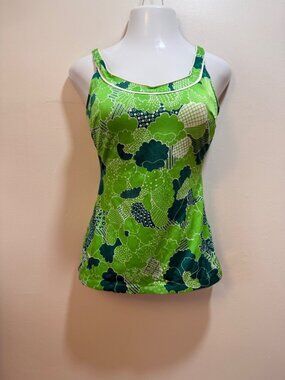 Elisabeth Stewart Green & White Floral One-Piece Swimsuit Size 16 VINTAGE USA